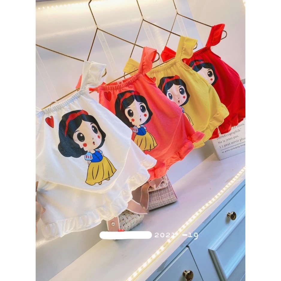 Bộ 2 dây bánh bèo cho bé gái gồm 5 size chất cotton.quần áo 2 dây in hình công chúa bách tuyết ảnh thật phí cuối.