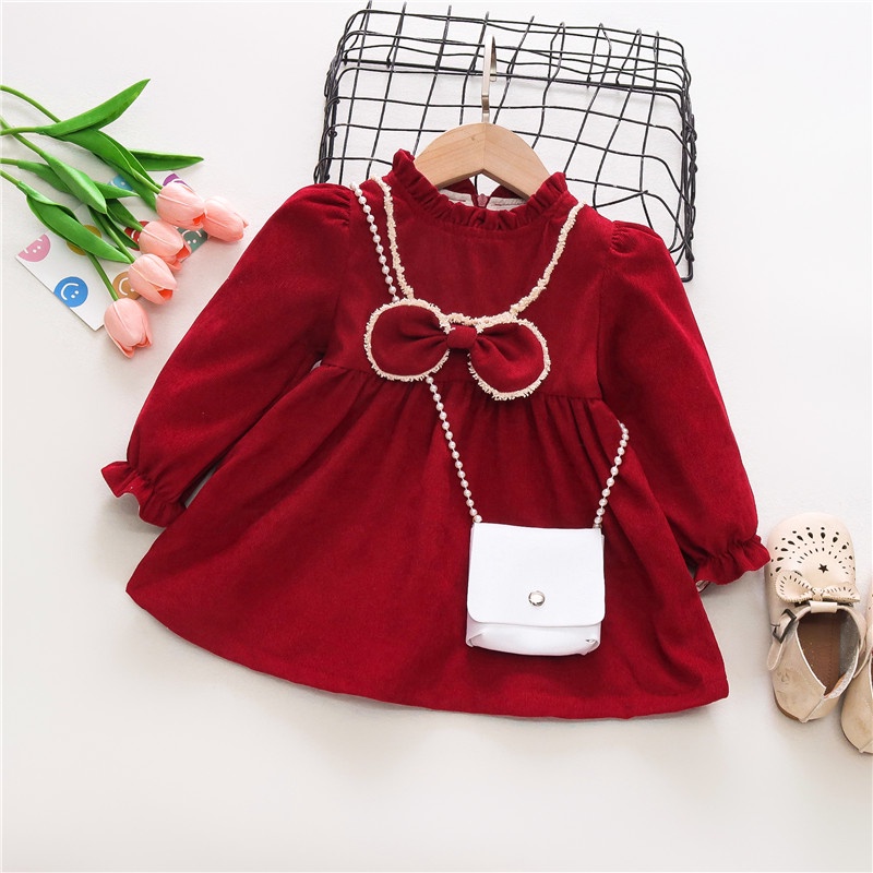 Đầm Công Chúa Tay Dài Đính Nơ Dễ Thương Thời Trang Xuân Thu Cho Bé Gái 9 Tháng-3 Tuổi