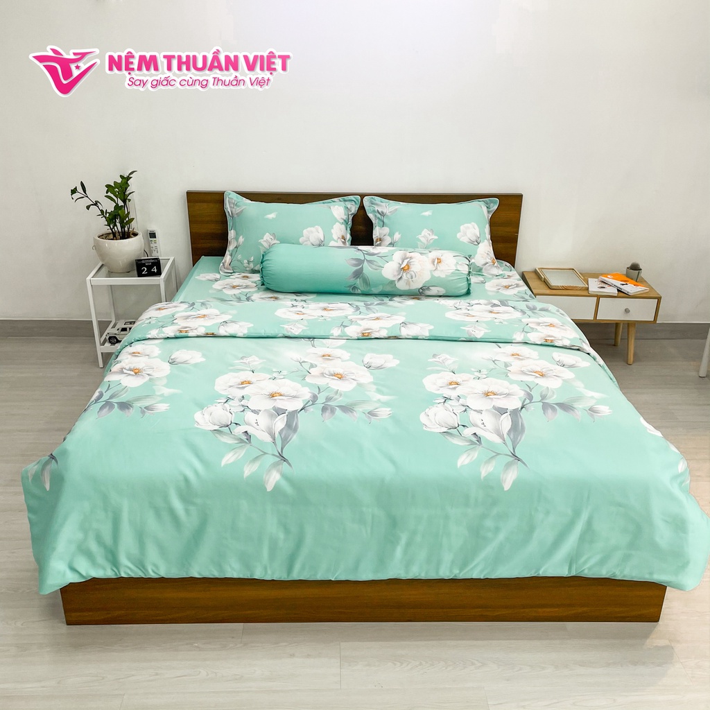 (Drap 4 Món - Không Mền) Ga Cotton Tencel Thuần Việt Cao Cấp - K43 - Bộ Sản Phẩm Gồm 3 Vỏ Gối Nằm Và 1 Ga Trải Giường