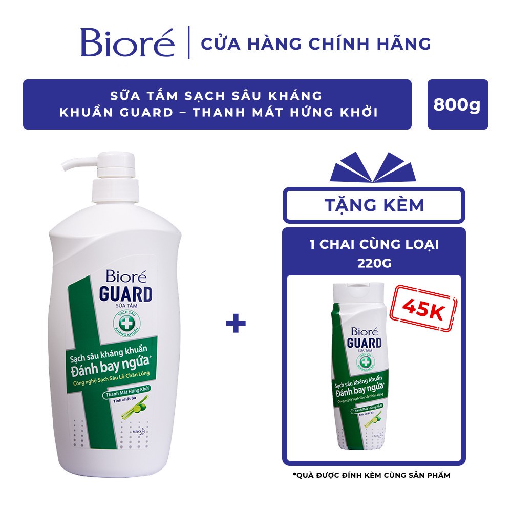 Bioré Sữa Tắm Sạch Sâu Kháng Khuẩn Guard – Thanh Mát Hứng Khởi 800g Tặng 1 Chai 220g
