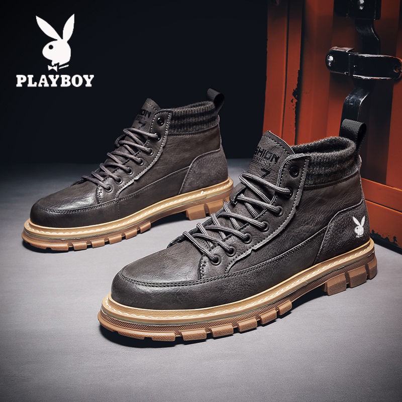 Playboy nam mùa đông mới dụng cụ Martin boots giày da thường cộng với bông dày nhung Phiên bản Hàn Quốc của xu hướ