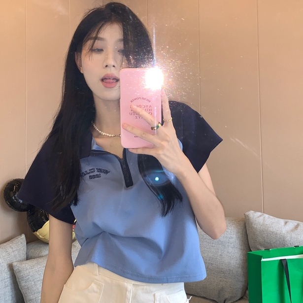 Áo thun croptop ZHELIHANGFEI tay ngắn cổ polo in chữ phong cách vintage Mỹ tùy chọn màu sắc