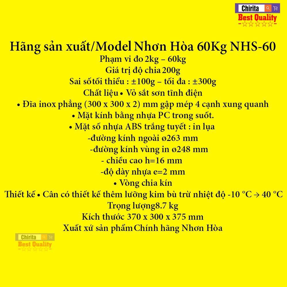 Cân Đồng Hồ Nhơn Hòa 60KG, Cân Nhơn Hòa Chất Lượng, Bảo Hành 12 Tháng CĐHNH60