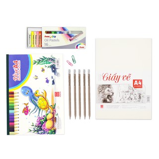 Bộ giấy màu vẽ cơ bản Hồng Hà | Vở, giấy vẽ A4, 5 bút chì gỗ và hộp 16 màu phấn dầu PHN-16 - TẶNG ẤN PHẨM VẼ