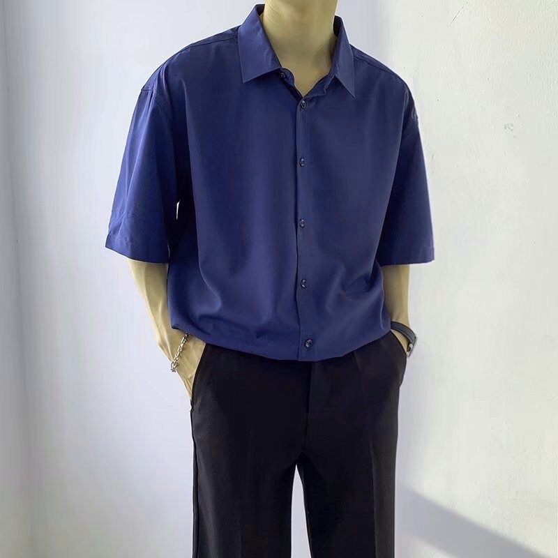 Áo sơ mi rộng tay ngắn unisex nam nữ GIẤU NÚT chuẩn form Hàn Quốc vải lụa mềm mịn mát 40-90kg MRN02