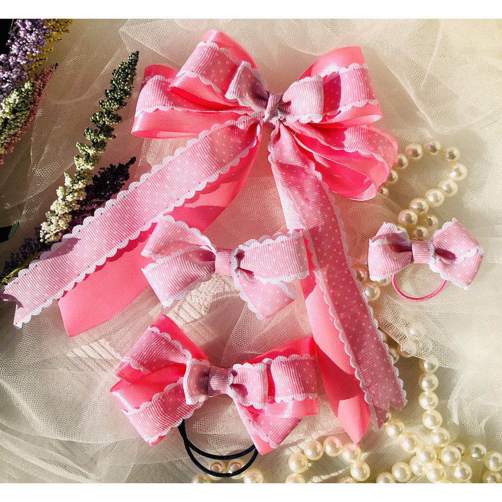 Bộ buộc, kẹp nơ hồng chấm bi cho cả gia đình