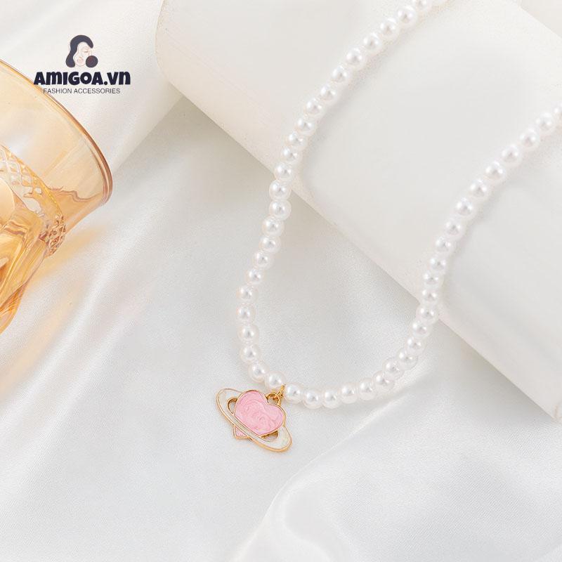 ✨✨Vòng cổ Mặt Hình Hành Tinh Trái Tim Màu Hồng Đính Ngọc Trai Phong Cách Dành Cho Nữ