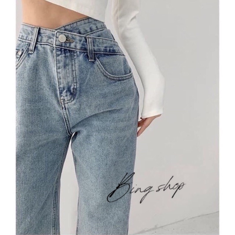 Quần jeans nữ Bingshop ống suông cạp chéo dáng dài vải đẹp freeship