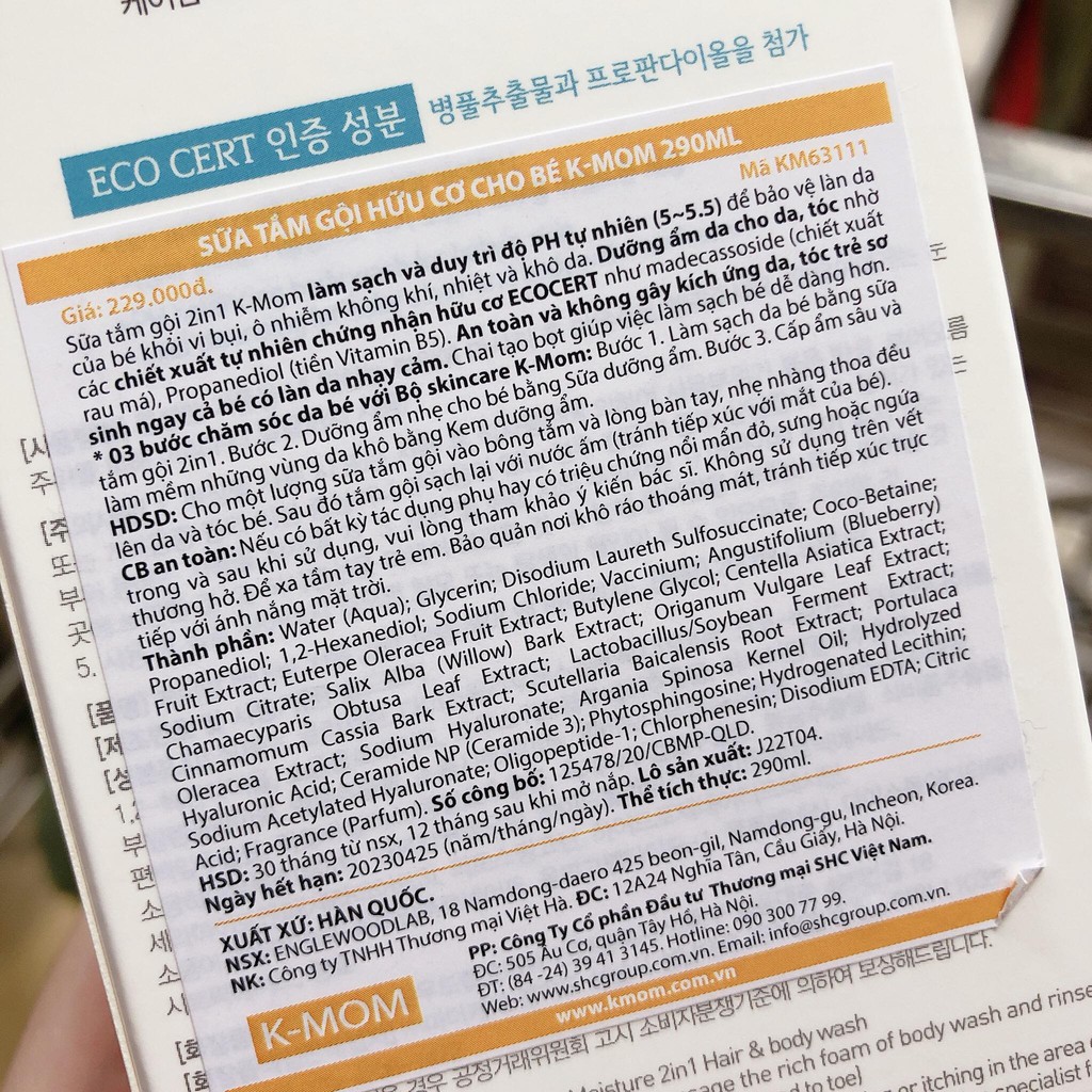 Sữa Tắm Gội Hữu Cơ KMOM 290ml Nguyên Liệu Thiên Nhiên Dịu Nhẹ Và An Toàn Tuyệt Đối ChoTrẻ