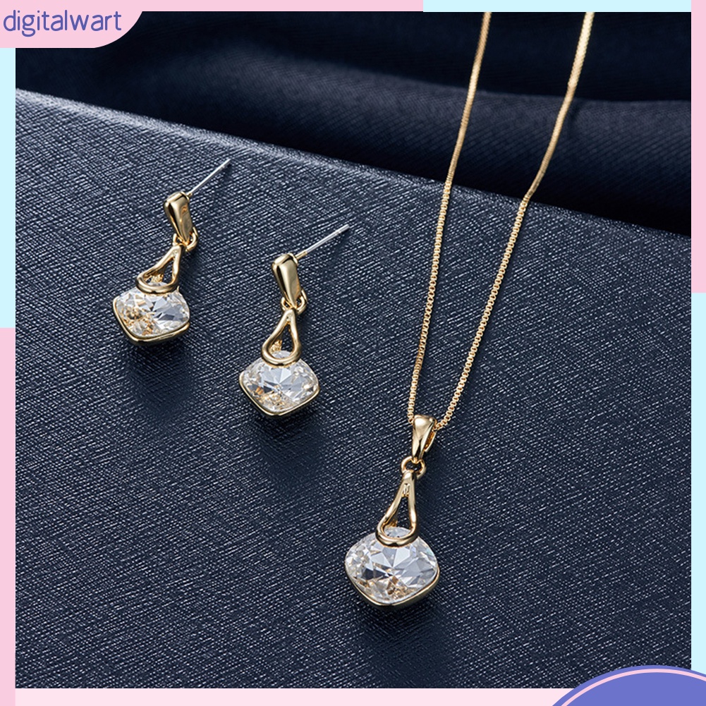 Bộ Vòng cổ + Bông Tai Đính Đá Hình Giọt Nước &amp; Vuông Cho Nữ