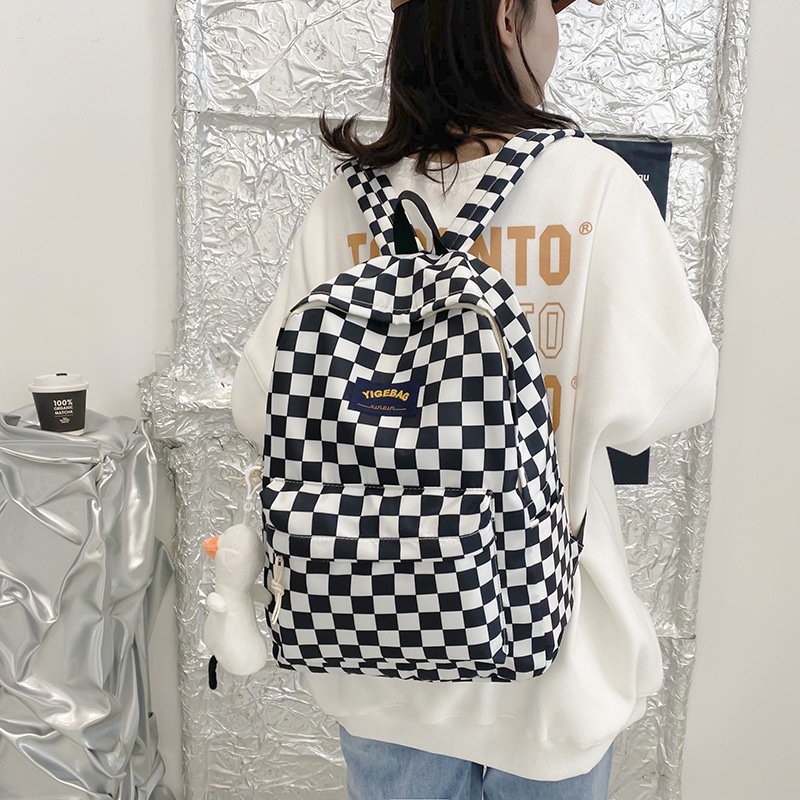 [YIGEBAG] Balo Đi Học Sức Chứa Lớn Họa Tiết Sọc Caro Thời Trang Phong Cách Hàn Quốc Cho Nữ