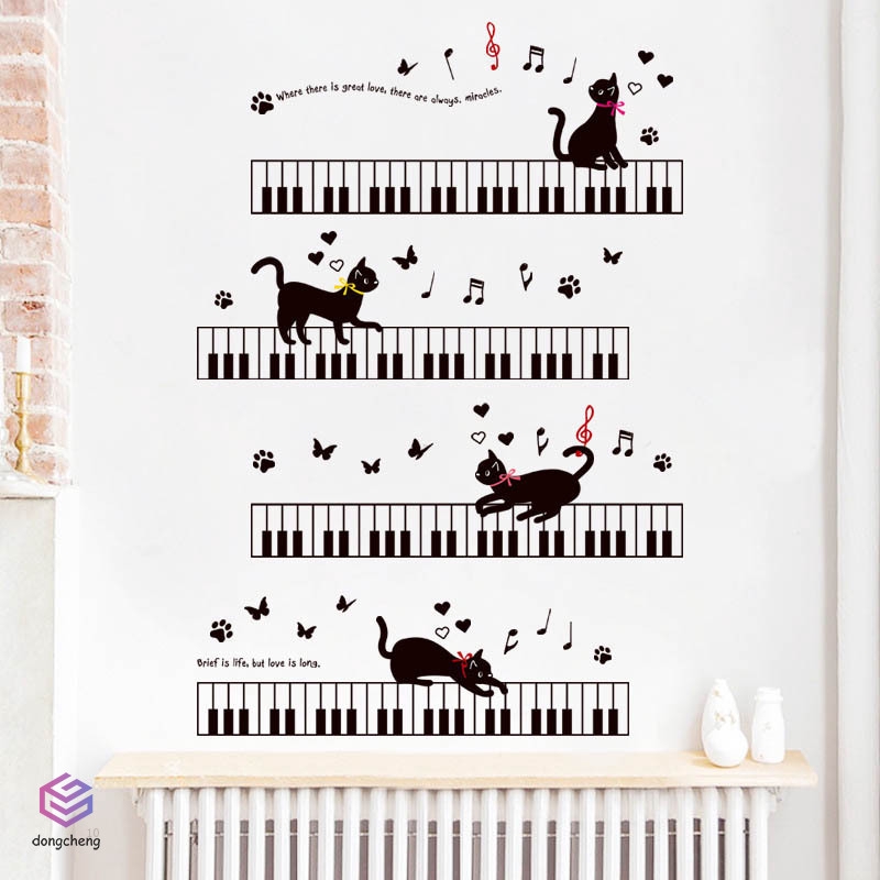 Sticker Dán Tường Họa Tiết Hình Con Mèo Và Phím Đàn Piano Dùng Trang Trí Phòng Cho Trẻ Nhỏ