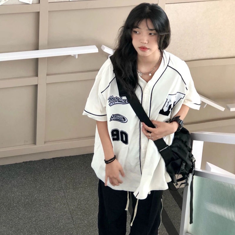 IMAODOU Áo Sơ Mi Đồng Phục Bóng Chày Tay Ngắn Thời Trang Mùa Hè Hàn Quốc Cho Nữ