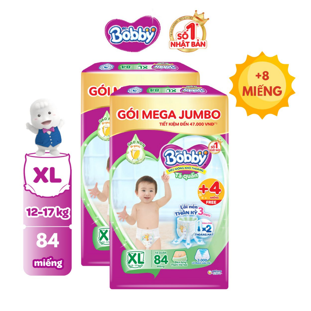 [TẶNG THÊM 4 MIẾNG] Bộ 2 Tã/bỉm quần Bobby 3mm Mega Jumbo Gạo non Giảm nhiệt M112/L96/XL84/XXL76