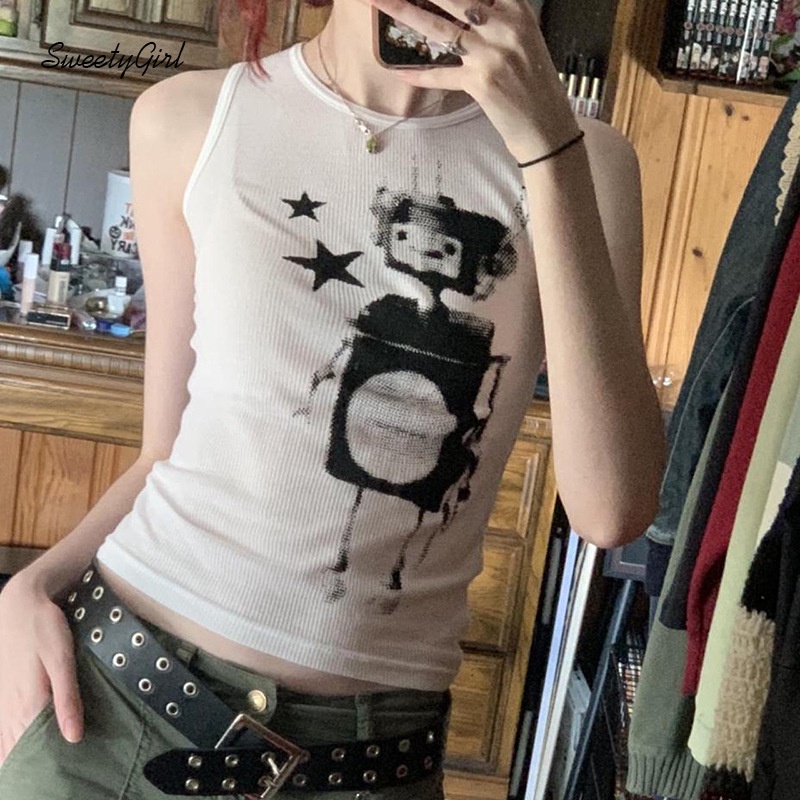 Áo Tank Top Cổ Tròn In Họa Tiết Hoạt Hình Màu Tương Phản Thời Trang 2022 Cho Nữ