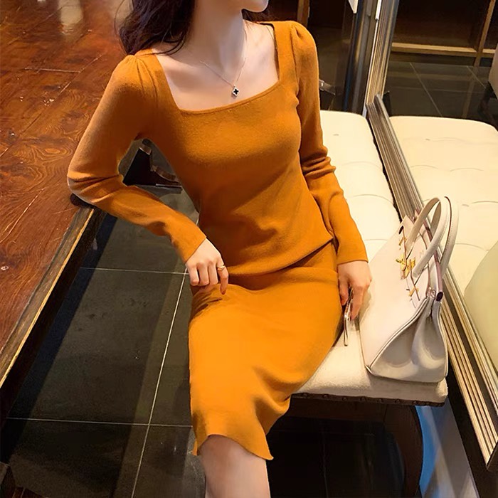 Đầm Dệt Kim Cổ Vuông Dáng Ôm Xẻ Tà Thời Trang Mùa Thu Cho Nữ