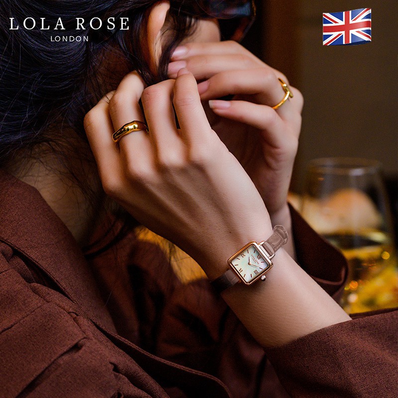 Đồng hồ nữ dây da Lolarose mặt vuông nhỏ cổ điển dây đeo nâu thanh lịch nho nhã cho