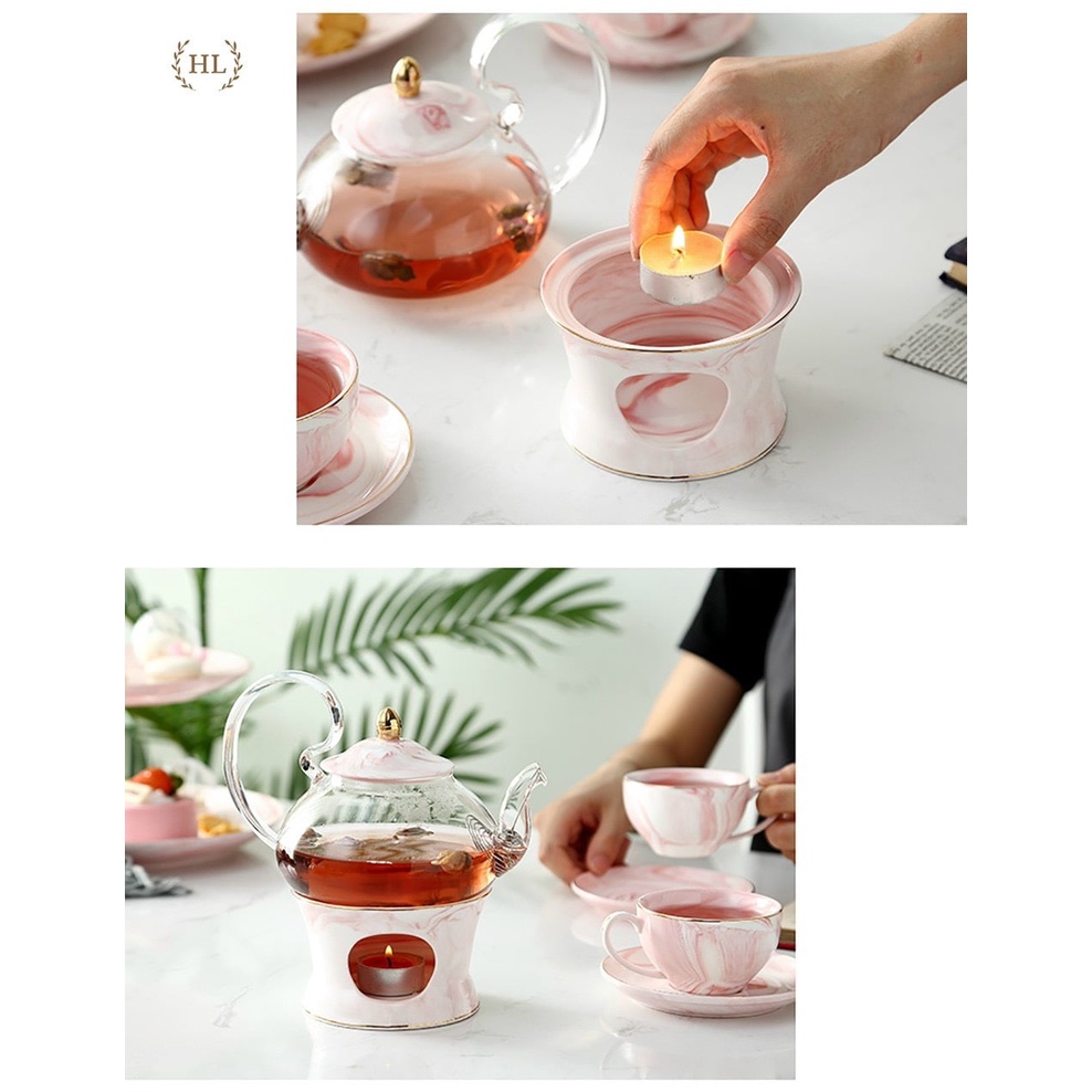 Bộ ấm chén pha trà hoa sứ xương cao cấp kèm 6 đĩa lót tách và giá treo cốc vân hồng, quà tặng ý nghĩa