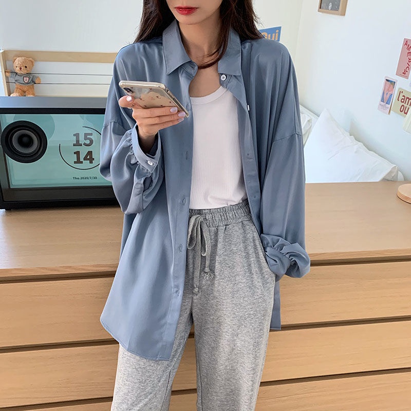 Jiashucheng Áo Khoác Sơ Mi Tay Dài Phồng Vải Lụa Lạnh Mỏng Dáng Rộng Chống Nắng Phong Cách Hàn Quốc Dễ Phối Đồ Cho Nữ