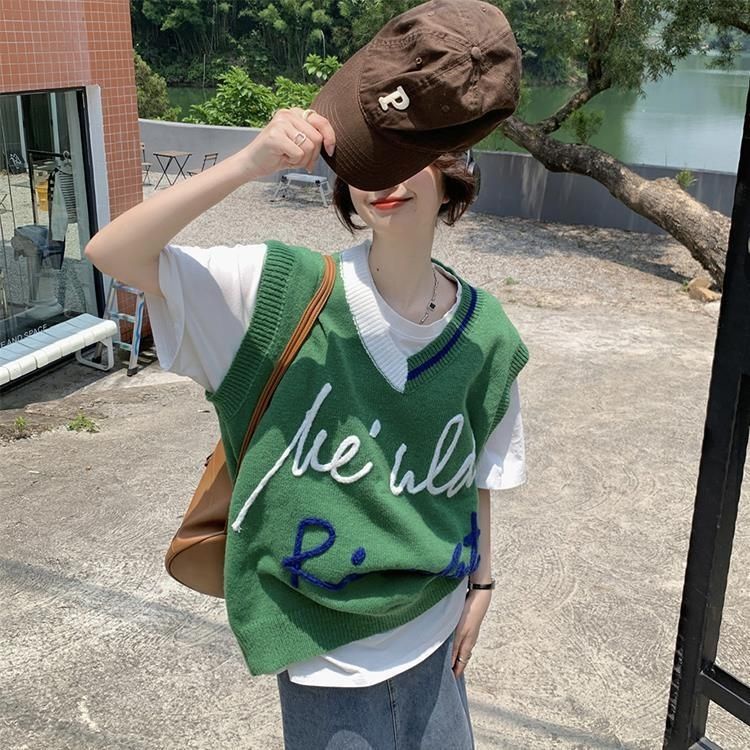 Áo Dệt Kim Sát Nách Dáng Rộng In Chữ Phối Màu Mới Trẻ Trung Cho
