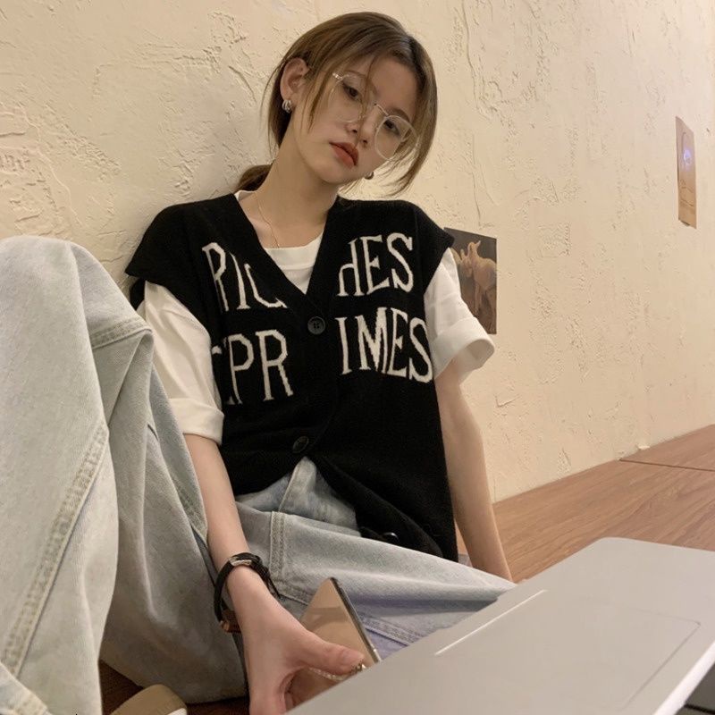 Áo Sát Nách Dệt Kim Dáng Rộng In Chữ Kiểu Vintage Cá Tính