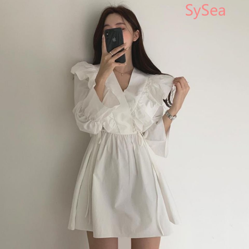 Đầm Dự Tiệc Cổ V Phối Bèo Kiểu Vintage Thời Trang Mùa Thu Cho Nữ
