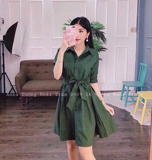 Đầm sơ mi kate xoè cột eo