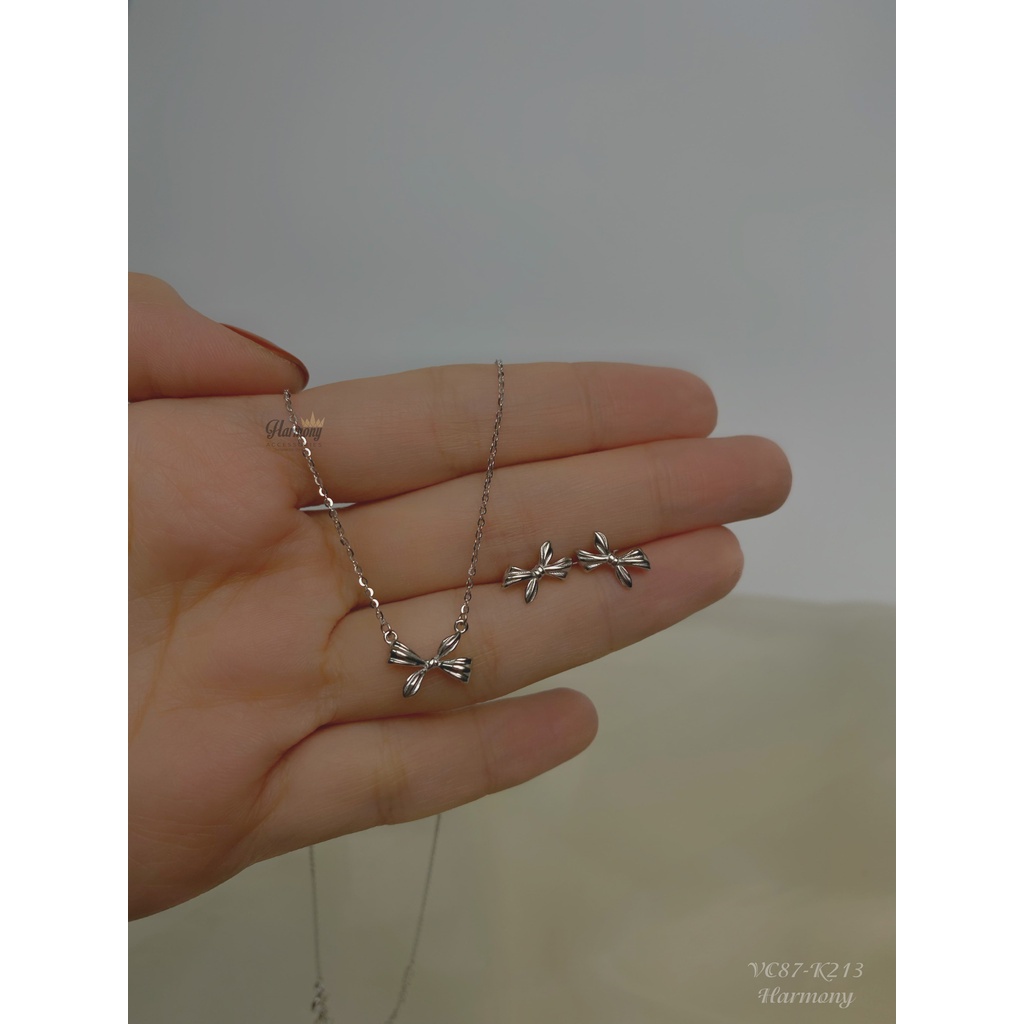 Bộ trang sức bạc mạ vàng cao cấp, khuyên tai và dây chuyền nữ nơ mảnh xinh xắn. nữ tính VC87 K213| TRANG SỨC BẠC HARMONY