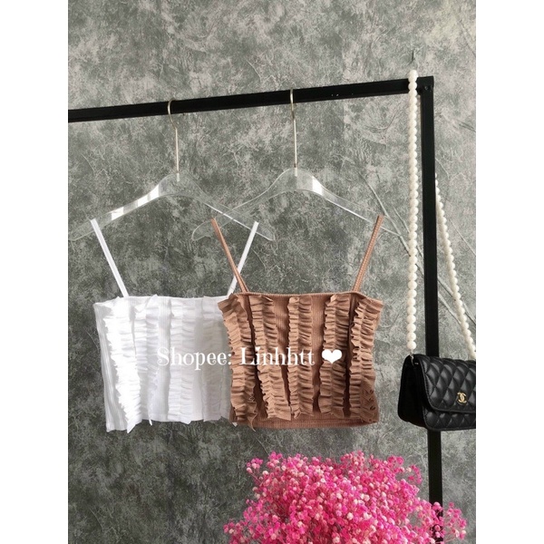 | Loại 1| Áo 2 dây gân ôm body croptop phối bèo áo dây dáng ngắn co dãn basic