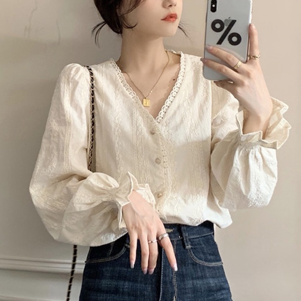 Áo Sơ Mi Tay Dài Phồng Cổ Chữ V Phối Ren Thanh Lịch Dễ Phối Đồ Thời Trang Kiểu Pháp Cho Nữ