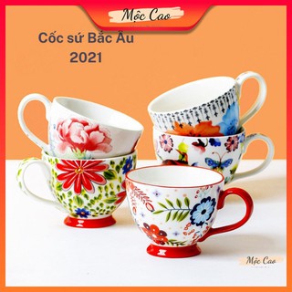 Ly sứ, cốc sứ uống trà 450ml phong cách Bắc Âu decor họa tiết vẽ tay phụ kiện bàn ăn sang trọng