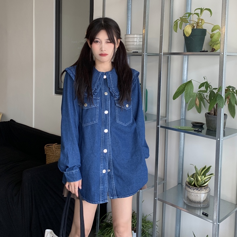 Áo Sơ Mi Chất Liệu Denim Màu Xanh Phong Cách retro Cho Nữ