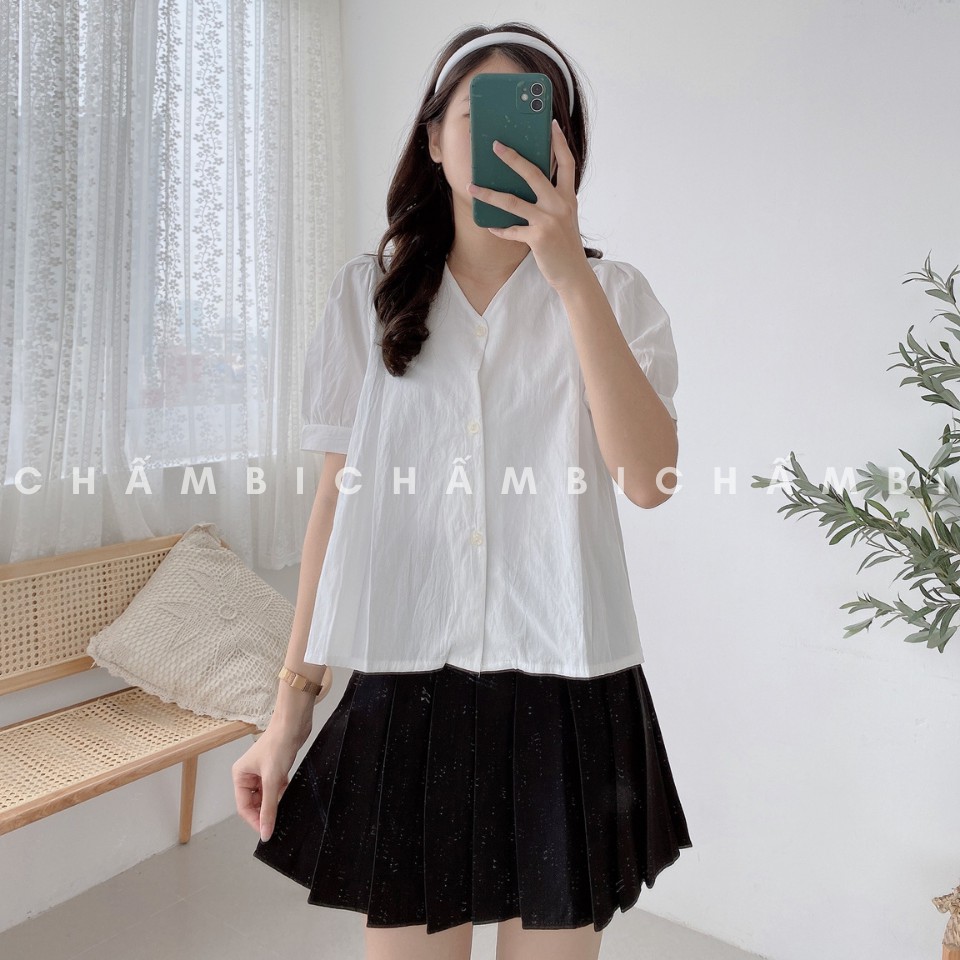 Áo kiểu cổ V A.222, Áo kiểu trơn tay lỡ bồng dáng babydoll xếp ly nhẹ dọc thân cực xinh