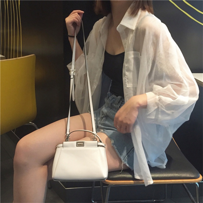 Áo Khoác Sơ Mi Chiffon Mỏng Tay Dài Chống Nắng Dáng Rộng Màu Trắng Thời Trang Xuân Hè Cho Nữ