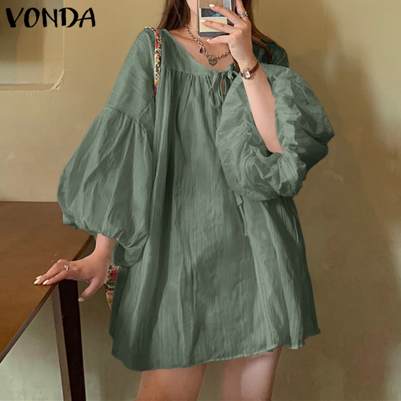 Đầm VONDA ngắn xếp li tay áo 3/4 màu trơn phong cách đơn giản thời trang mùa hè cho nữ