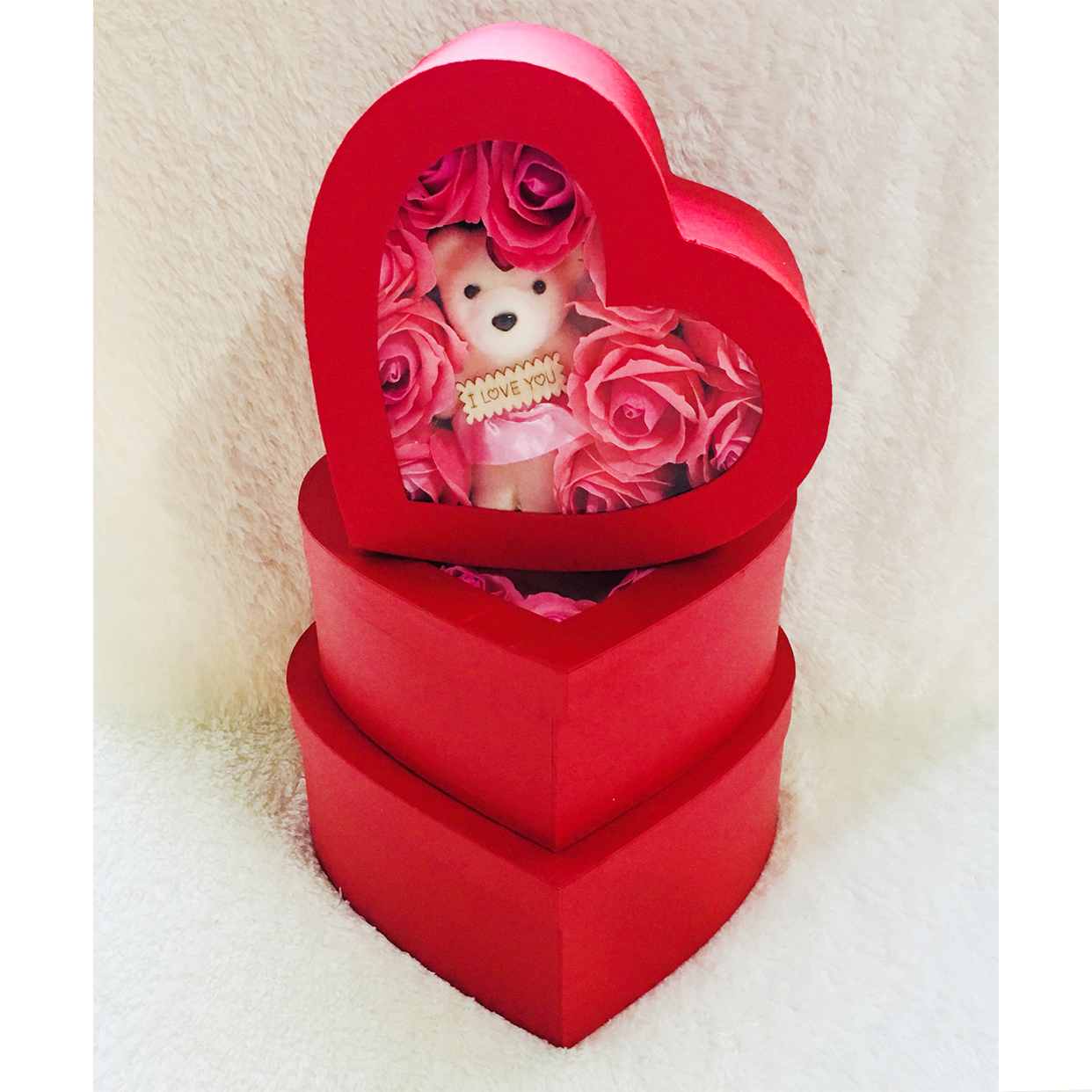 Hộp quà tặng người yêu hình trái tim, đính kèm gấu siêu Cool, hộp đỏ bông hồng sáp thơm dễ chịu
