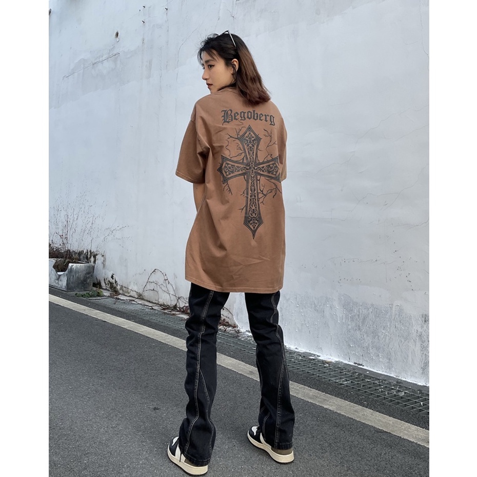 Áo phông nữ vintage BEGOBERG oversize cổ tròn form áo thun unisex 100% cotton