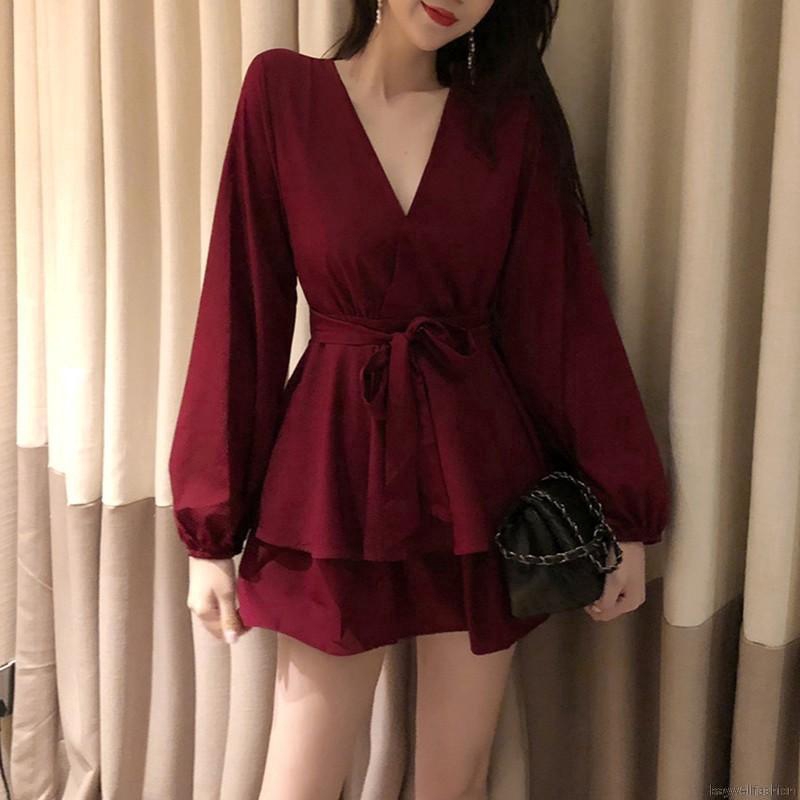 Jumpsuit tay dài màu trơn xinh xắn thời trang cho nữ