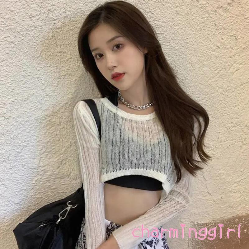 QAQ-Women´s Bikini Cover Up Solid Color Long Sleeve Round Neck Cutout Sheer Knitted Cropped Tops