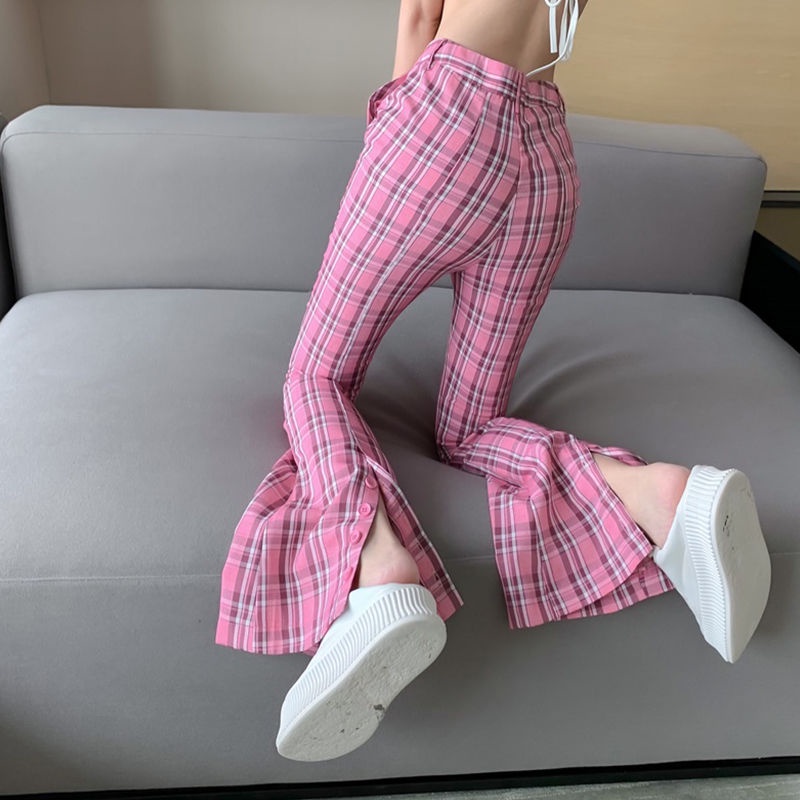 Quần Dài Ống Loe Xẻ Tà Họa Tiết Caro Thời Trang Cho Nữ