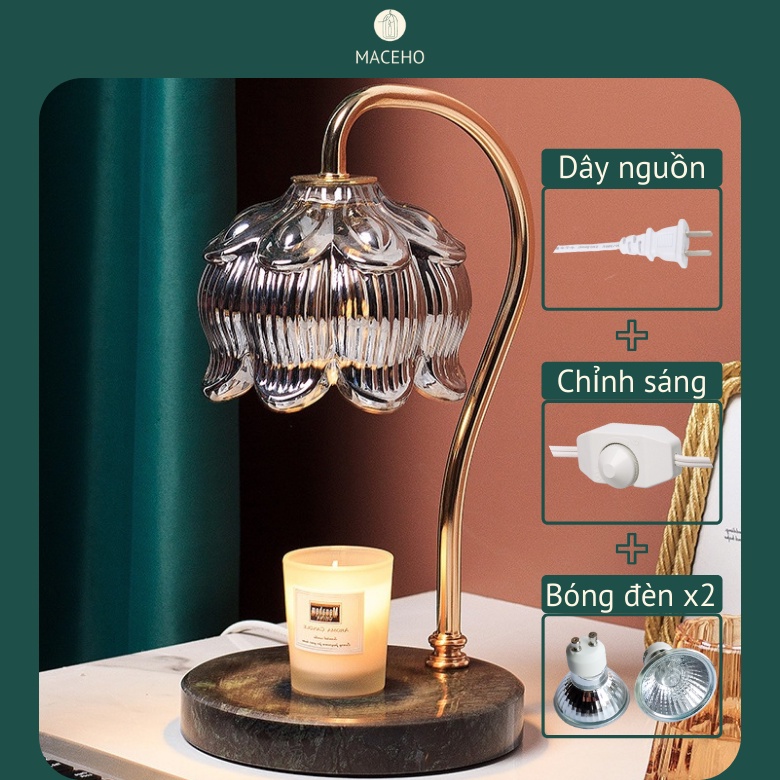 Đèn đốt nến thơm MACEHO 2022 - Chụp thủy tinh đế đá- Dùng cho nến BBW, Yankee, Candle Cup- Chỉnh sáng to nhỏ