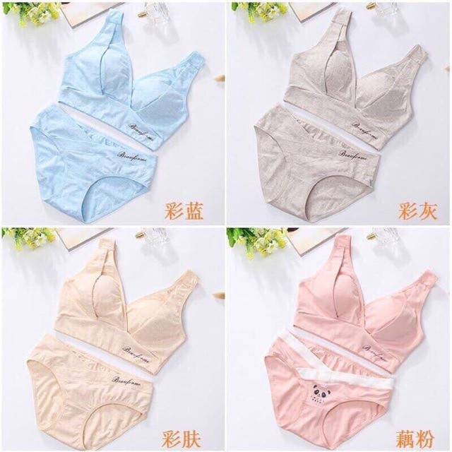 set đồ lót vạt chéo bầu hoạ tiết gấu chất cotton 100% mặc bầu và sau sinh tiện cho bé ti