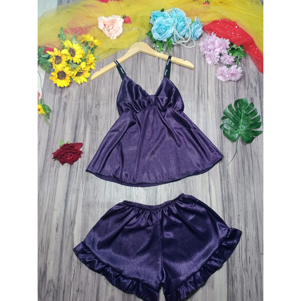 Set Bộ Ngắn Hai Dây Phối Nơ Vải Phi Lụa Mịn Đẹp,  Freesize Dưới 60kg