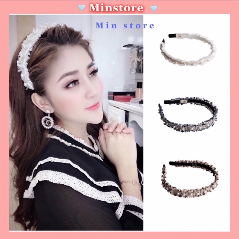 Băng Đô Cài Tóc Min Đính Hạt Ngọc vải Dạ Phong Cách Thời Trang Hàn Quốc Dễ Thương