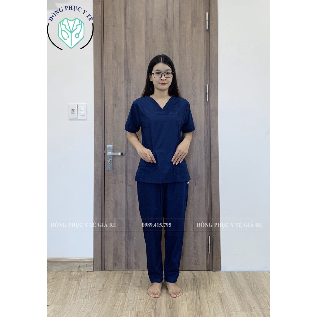 Bộ Scrubs Bác Sĩ, Bộ Đồ Cổ Tim Spa Xanh Than Vải Lon - SVLXT