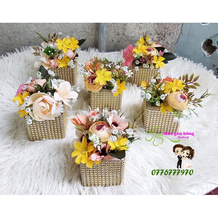 Combo 6 bình hoa gỗ tone vàng trang trí