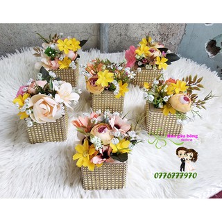 Combo 6 bình hoa gỗ tone vàng trang trí