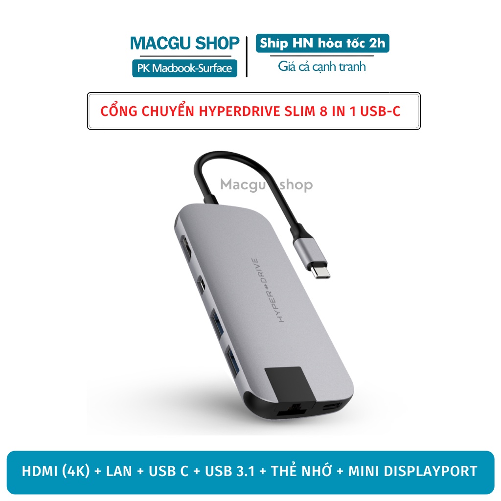 Cáp chuyển đổi Hyperdrive SLIM 8in1 USB-C Hub cho MacBook, PC &amp; Devices chính hãng