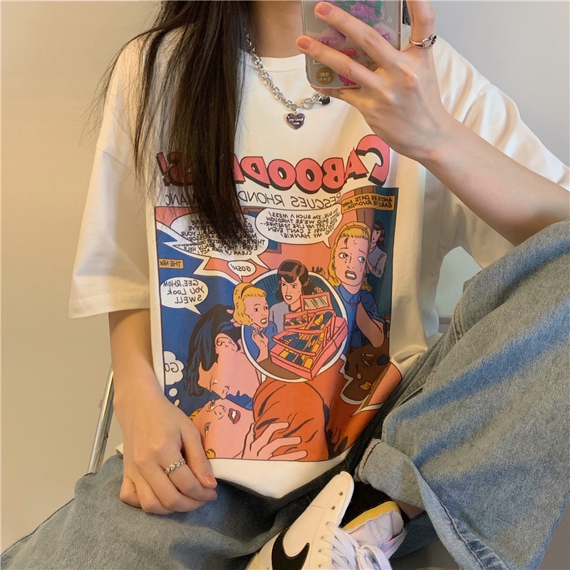 SUXI Áo Thun Tay Ngắn Cổ Tròn Form Rộng In Họa Tiết Nhân Vật Đơn Giản Thời Trang Mùa Hè Cho Nữ