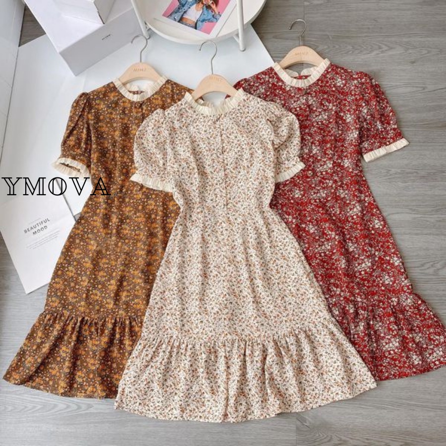 Váy hoa nhí chữ a đầm hoa nhí đẹp phối cổ bèo Thời trang YMOVA